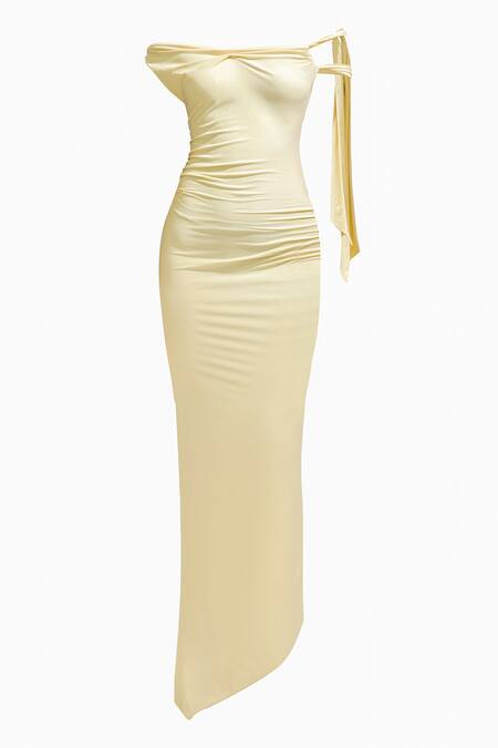 Shop_Deme By Gabriella_Yellow Lycra One Shoulder Solid Ruched Maxi Dress _Online_at_Aza_Fashions