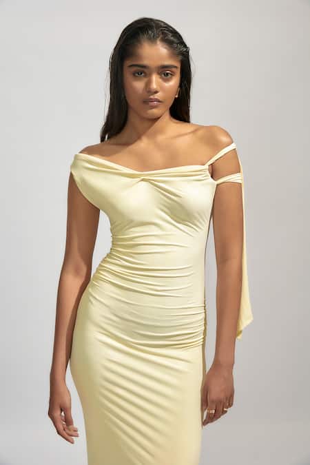 Deme By Gabriella_Yellow Lycra One Shoulder Solid Ruched Maxi Dress _at_Aza_Fashions