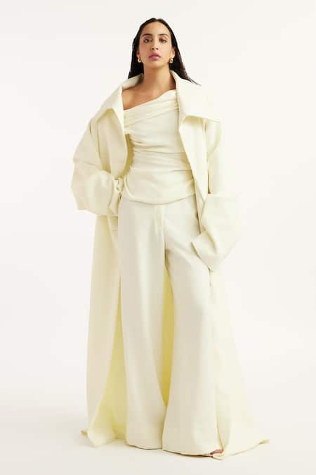 Deme By Gabriella Off White Faux Leather, Silk Collared, Natsya Solid Long Jacket Pant Set 