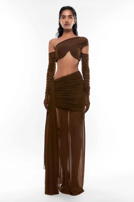 Deme By Gabriella Brown Net One Shoulder Ruched Crop Top And Draped Skirt Set 
