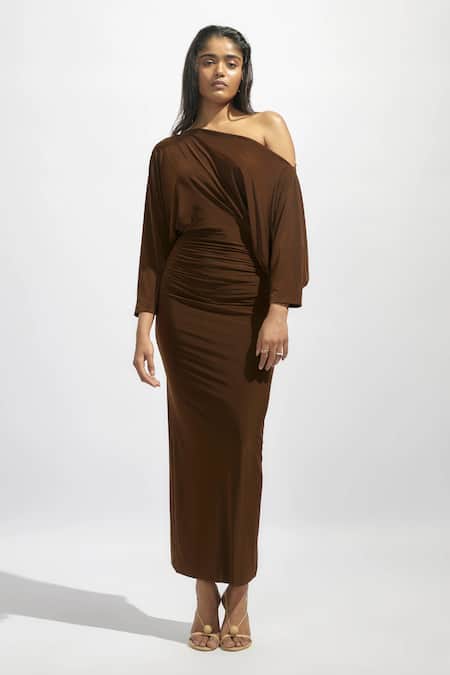 Deme By Gabriella Brown Lycra Asymmetric Solid Gathered Dress 