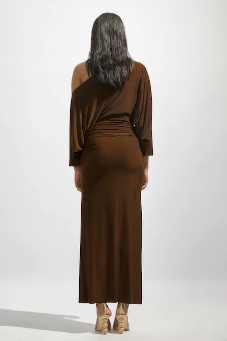 Deme By Gabriella Brown Lycra Asymmetric Solid Gathered Dress Online at Aza Fashions Deme By Gabriella_Brown Lycra Asymmetric Solid Gathered Dress _Online_at_Aza_Fashions