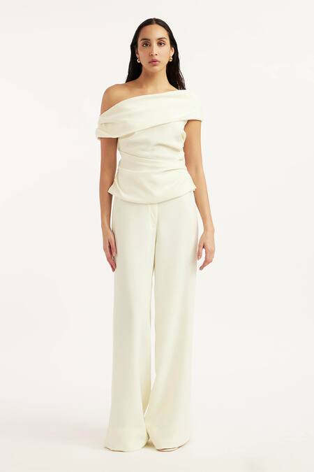 Deme By Gabriella_Off White Faux Leather, Silk Collared, Natsya Solid Long Jacket Pant Set _Online_at_Aza_Fashions