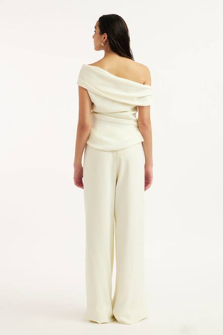 Buy_Deme By Gabriella_Off White Faux Leather, Silk Collared, Natsya Solid Long Jacket Pant Set _Online_at_Aza_Fashions