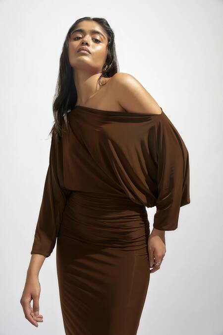 Buy Deme By Gabriella Brown Lycra Asymmetric Solid Gathered Dress Online at Aza Fashions Buy_Deme By Gabriella_Brown Lycra Asymmetric Solid Gathered Dress _Online_at_Aza_Fashions