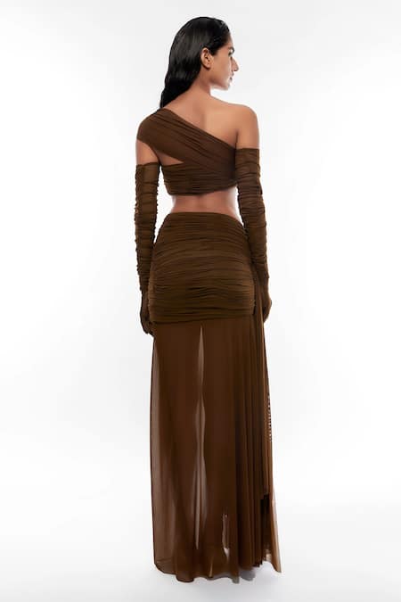 Shop Deme By Gabriella Brown Net One Shoulder Ruched Crop Top And Draped Skirt Set at Aza Fashions Shop_Deme By Gabriella_Brown Net One Shoulder Ruched Crop Top And Draped Skirt Set _at_Aza_Fashions
