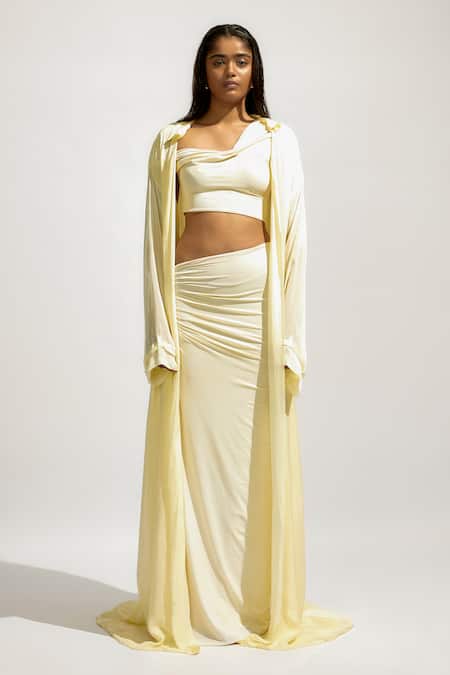 Deme By Gabriella Yellow Chiffon, Lycra Asymmetric Solid Cape With Long Skirt Set 