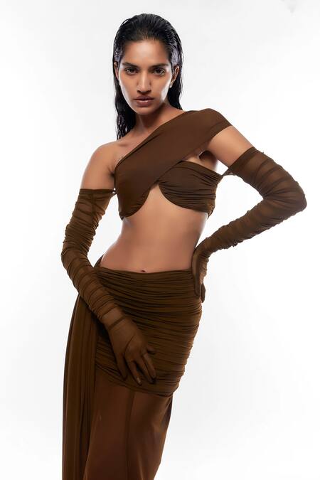 Deme By Gabriella Brown Net One Shoulder Ruched Crop Top And Draped Skirt Set Online at Aza Fashions Deme By Gabriella_Brown Net One Shoulder Ruched Crop Top And Draped Skirt Set _Online_at_Aza_Fashions