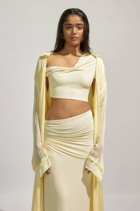 Buy_Deme By Gabriella_Yellow Chiffon, Lycra Asymmetric Solid Cape With Long Skirt Set _Online_at_Aza_Fashions
