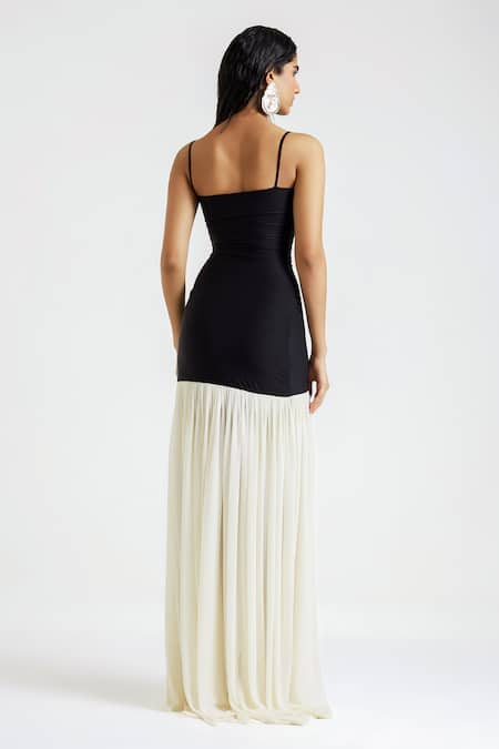 Shop Deme By Gabriella Black Net, Lycra Square Neck Cara Gather Detailed Gown at Aza Fashions Shop_Deme By Gabriella_Black Net, Lycra Square Neck Cara Gather Detailed Gown _at_Aza_Fashions