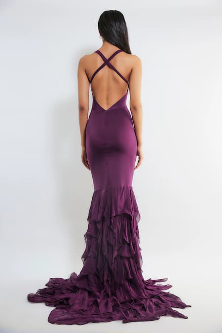 Shop_Deme By Gabriella_Purple Net, Chiffon, Lycra Halter Neck Caren Ruffle Bordered Gown _at_Aza_Fashions