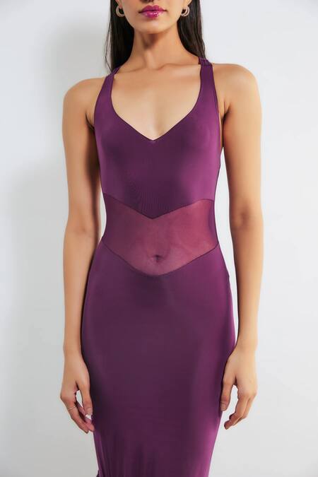 Buy_Deme By Gabriella_Purple Net, Chiffon, Lycra Halter Neck Caren Ruffle Bordered Gown _Online_at_Aza_Fashions