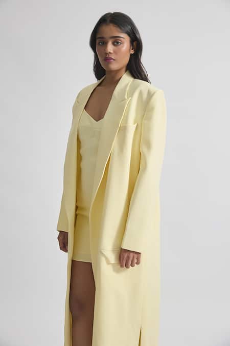 Deme By Gabriella Yellow Faux Leather V-neck, Collared Nicole Solid Long Coat With Short Dress Online at Aza Fashions Deme By Gabriella_Yellow Faux Leather V-neck, Collared Nicole Solid Long Coat With Short Dress _Online_at_Aza_Fashions