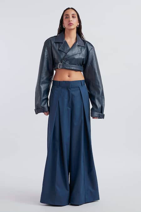 Deme By Gabriella Blue Leather, Suede Celia Solid Box Pleat Pant