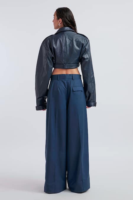 Shop_Deme By Gabriella_Blue Leather, Suede Celia Solid Box Pleat Pant _at_Aza_Fashions