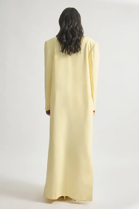 Shop Deme By Gabriella Yellow Faux Leather V-neck, Collared Nicole Solid Long Coat With Short Dress at Aza Fashions Shop_Deme By Gabriella_Yellow Faux Leather V-neck, Collared Nicole Solid Long Coat With Short Dress _at_Aza_Fashions