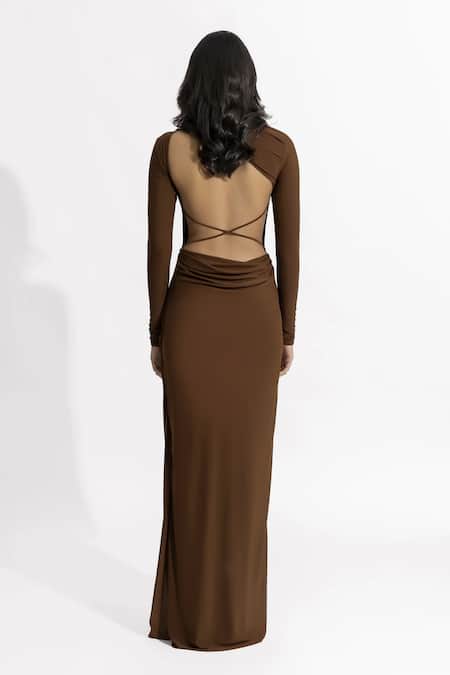 Deme By Gabriella Brown Net, Lycra Round Neck Hena Pleated Draped Dress Online at Aza Fashions Deme By Gabriella_Brown Net, Lycra Round Neck Hena Pleated Draped Dress _Online_at_Aza_Fashions