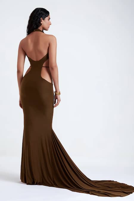 Shop Deme By Gabriella Brown Lycra Cowl Neck Ninah Deep Gown at Aza Fashions Shop_Deme By Gabriella_Brown Lycra Cowl Neck Ninah Deep Gown _at_Aza_Fashions