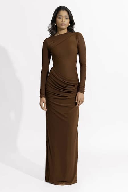 Deme By Gabriella Brown Net, Lycra Round Neck Hena Pleated Draped Dress at Aza Fashions Deme By Gabriella_Brown Net, Lycra Round Neck Hena Pleated Draped Dress _at_Aza_Fashions