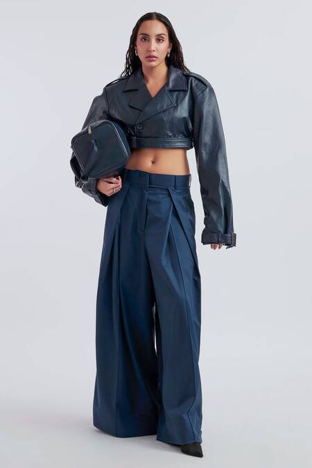 Buy_Deme By Gabriella_Blue Leather Collared Celia Solid Cropped Jacket _Online_at_Aza_Fashions