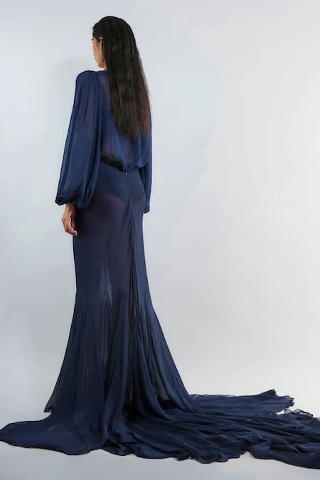 Shop Deme By Gabriella Blue Chiffon, Lycra, Maheshwari Freja Puffed Sleeve Top And Draped Skirt Set at Aza Fashions Shop_Deme By Gabriella_Blue Chiffon, Lycra, Maheshwari Freja Puffed Sleeve Top And Draped Skirt Set _at_Aza_Fashions