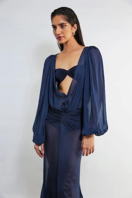 Buy Deme By Gabriella Blue Chiffon, Lycra, Maheshwari Freja Puffed Sleeve Top And Draped Skirt Set Online at Aza Fashions Buy_Deme By Gabriella_Blue Chiffon, Lycra, Maheshwari Freja Puffed Sleeve Top And Draped Skirt Set _Online_at_Aza_Fashions