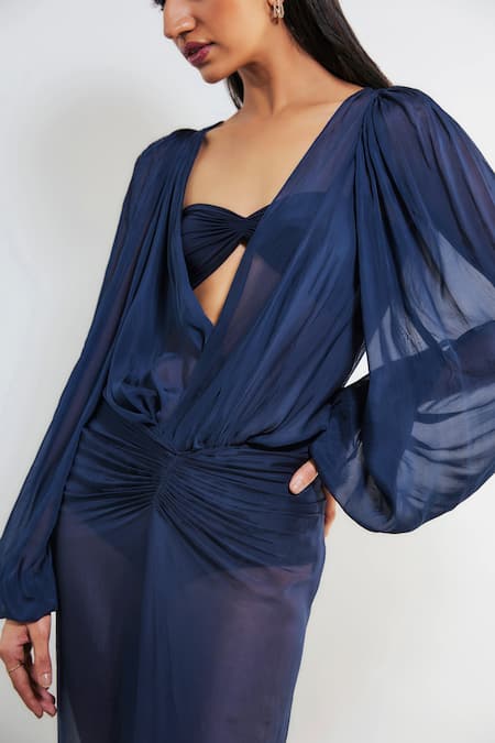 Shop Deme By Gabriella Blue Chiffon, Lycra, Maheshwari Freja Puffed Sleeve Top And Draped Skirt Set Online at Aza Fashions Shop_Deme By Gabriella_Blue Chiffon, Lycra, Maheshwari Freja Puffed Sleeve Top And Draped Skirt Set _Online_at_Aza_Fashions