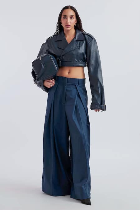 Deme By Gabriella Blue Leather, Cotton Collared Celia Solid Cropped Jacket Pant Set