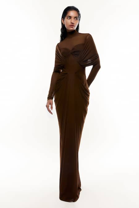 Deme by Gabriella Brown Net, Lycra Embroidery High Neck Draped Gown 