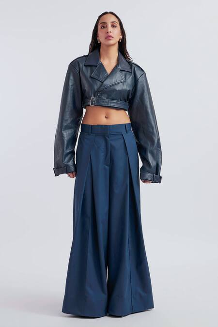 Buy_Deme By Gabriella_Blue Leather, Cotton Collared Celia Solid Cropped Jacket Pant Set _Online_at_Aza_Fashions