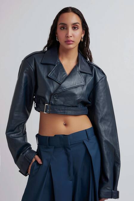 Shop_Deme By Gabriella_Blue Leather, Cotton Collared Celia Solid Cropped Jacket Pant Set _Online_at_Aza_Fashions