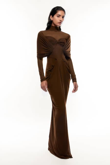Deme By Gabriella_Brown Net, Lycra Embroidery High Neck Draped Gown _Online_at_Aza_Fashions