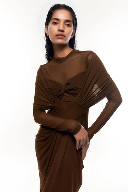 Buy_Deme By Gabriella_Brown Net, Lycra Embroidery High Neck Draped Gown _Online_at_Aza_Fashions