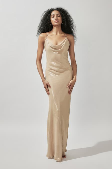Deme By Gabriella Beige Silk Sequins Cowl Neck Embellished Gown Online at Aza Fashions Deme By Gabriella_Beige Silk Sequins Cowl Neck Embellished Gown _Online_at_Aza_Fashions