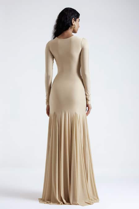 Deme By Gabriella_Beige Net, Lycra Brooches V-neck Chantal Knot Detailed Gown _Online_at_Aza_Fashions