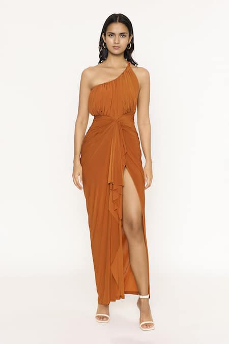 Deme By Gabriella Orange Malai Lycra One Shoulder Slit Gown