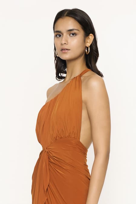 Deme By Gabriella_Orange Malai Lycra One Shoulder Slit Gown_Online_at_Aza_Fashions