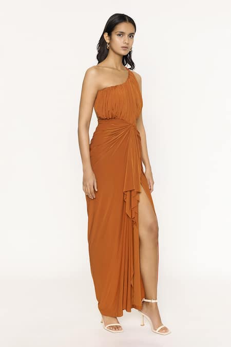 Buy_Deme By Gabriella_Orange Malai Lycra One Shoulder Slit Gown_Online_at_Aza_Fashions
