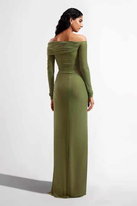 Shop Deme By Gabriella Green Lycra Off-shoulder Connie Off Draped Dress at Aza Fashions Shop_Deme By Gabriella_Green Lycra Off-shoulder Connie Off Draped Dress _at_Aza_Fashions