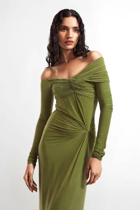 Deme By Gabriella Green Lycra Off-shoulder Connie Off Draped Dress Online at Aza Fashions Deme By Gabriella_Green Lycra Off-shoulder Connie Off Draped Dress _Online_at_Aza_Fashions