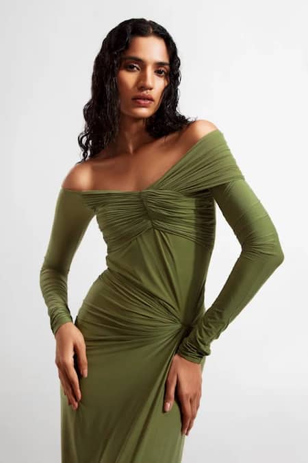 Buy Deme By Gabriella Green Lycra Off-shoulder Connie Off Draped Dress Online at Aza Fashions Buy_Deme By Gabriella_Green Lycra Off-shoulder Connie Off Draped Dress _Online_at_Aza_Fashions