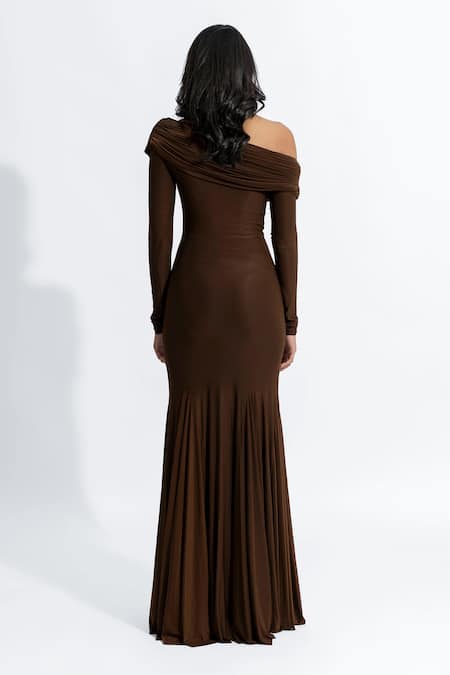 Shop Deme By Gabriella Brown Lycra Off-shoulder Irene Off Mermaid Dress at Aza Fashions Shop_Deme By Gabriella_Brown Lycra Off-shoulder Irene Off Mermaid Dress _at_Aza_Fashions