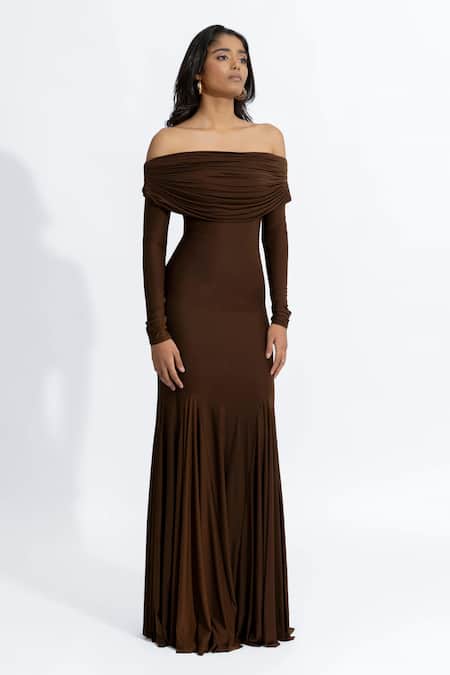Shop Deme By Gabriella Brown Lycra Off-shoulder Irene Off Mermaid Dress Online at Aza Fashions Shop_Deme By Gabriella_Brown Lycra Off-shoulder Irene Off Mermaid Dress _Online_at_Aza_Fashions