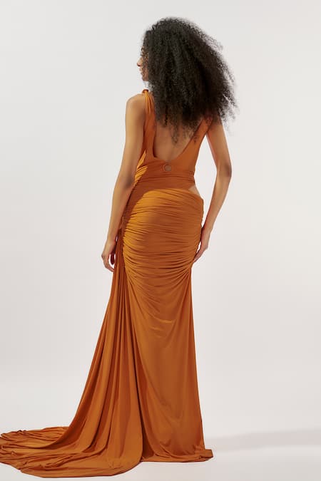 Deme By Gabriella Plunged Neck Draped Trail Gown 