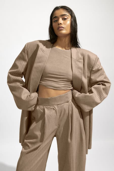 Buy_Deme By Gabriella_Grey Jersey, Cotton Boat Pin Striped Lapel Collar Oversized Blazer Trouser Set _Online_at_Aza_Fashions
