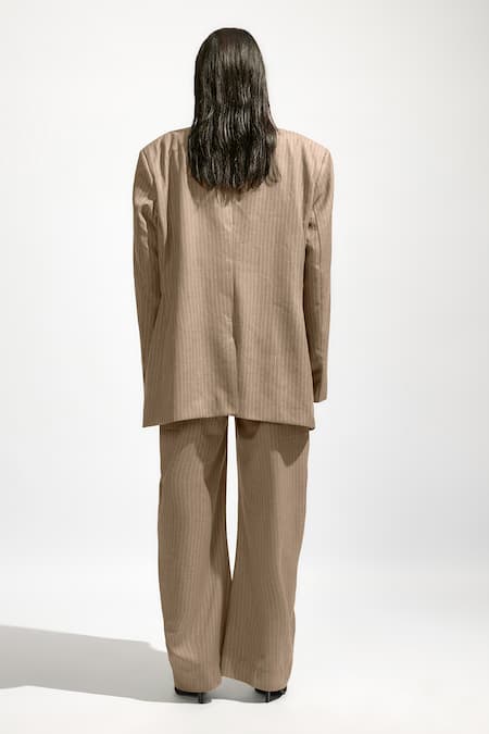 Shop_Deme By Gabriella_Grey Jersey, Cotton Boat Pin Striped Lapel Collar Oversized Blazer Trouser Set _at_Aza_Fashions