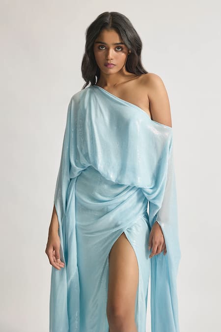 Buy Deme By Gabriella Blue Silk Sequins Asymmetric Rosa Work One-shoulder Draped Dress Online at Aza Fashions Buy_Deme By Gabriella_Blue Silk Sequins Asymmetric Rosa Work One-shoulder Draped Dress _Online_at_Aza_Fashions