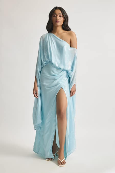 Deme By Gabriella Blue Silk Sequins Asymmetric Rosa Work One-shoulder Draped Dress