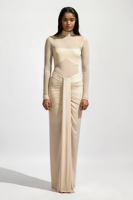 Deme By Gabriella Off White Net, Lycra Turtle Neck Solid Ruched Draped Maxi Dress Online at Aza Fashions Deme By Gabriella_Off White Net, Lycra Turtle Neck Solid Ruched Draped Maxi Dress _Online_at_Aza_Fashions