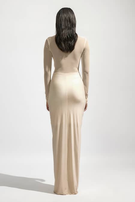 Shop Deme By Gabriella Off White Net, Lycra Turtle Neck Solid Ruched Draped Maxi Dress at Aza Fashions Shop_Deme By Gabriella_Off White Net, Lycra Turtle Neck Solid Ruched Draped Maxi Dress _at_Aza_Fashions